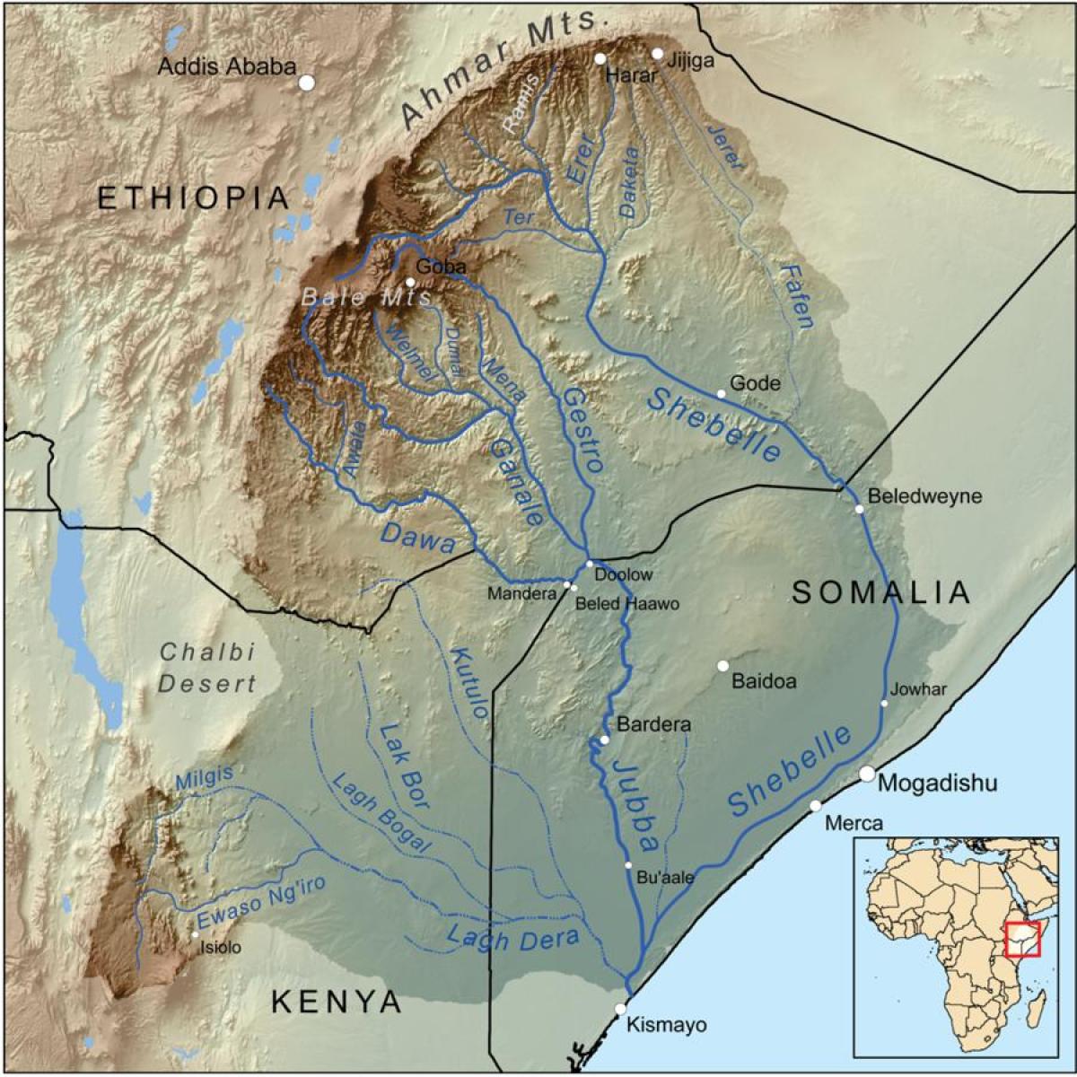 Etiopiska avrinningsområden karta