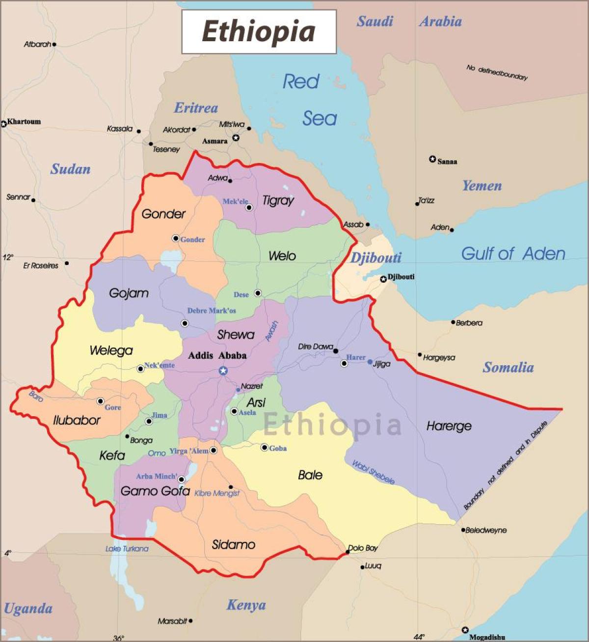 Etiopien karta med städer