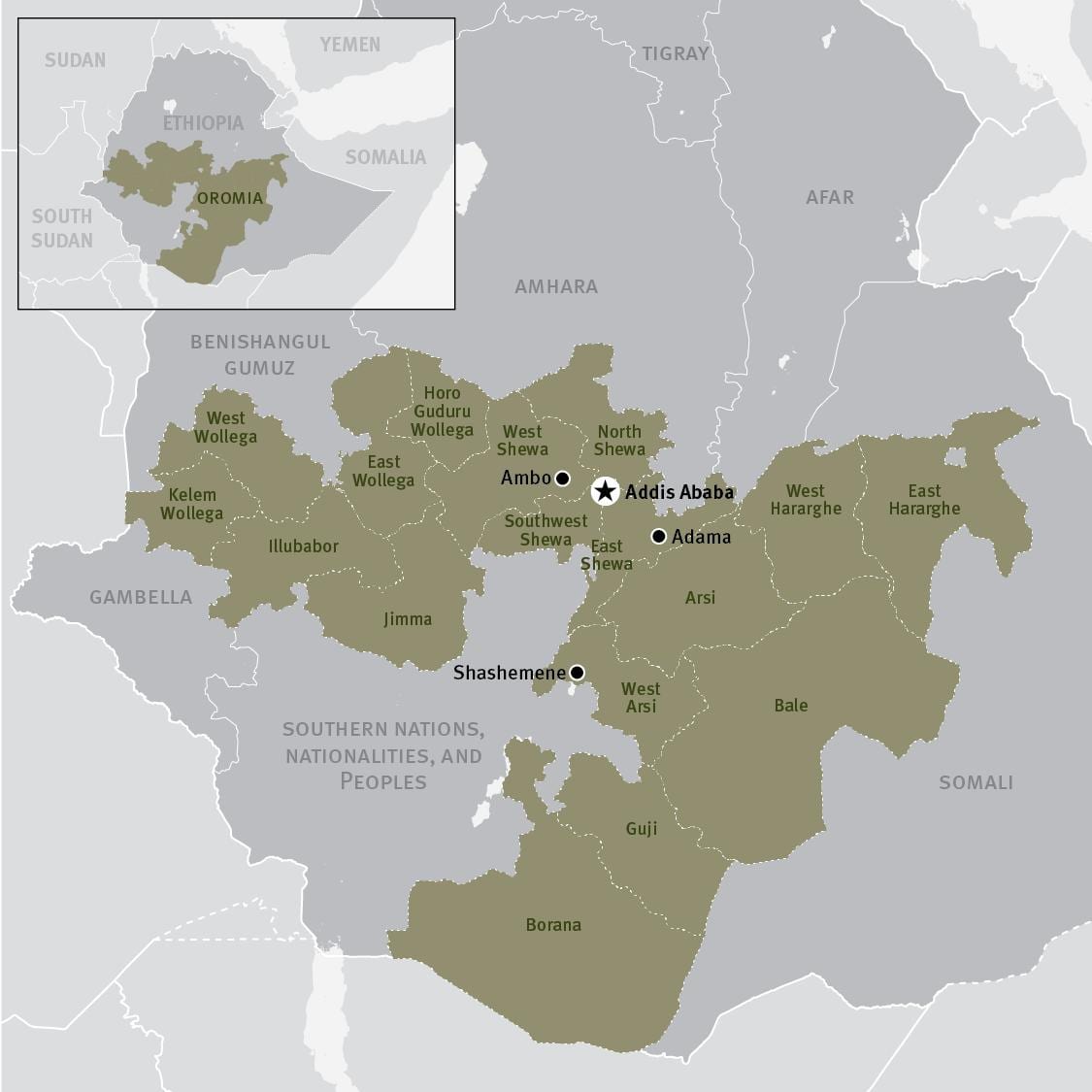 karta över oromia-regionen i Etiopien